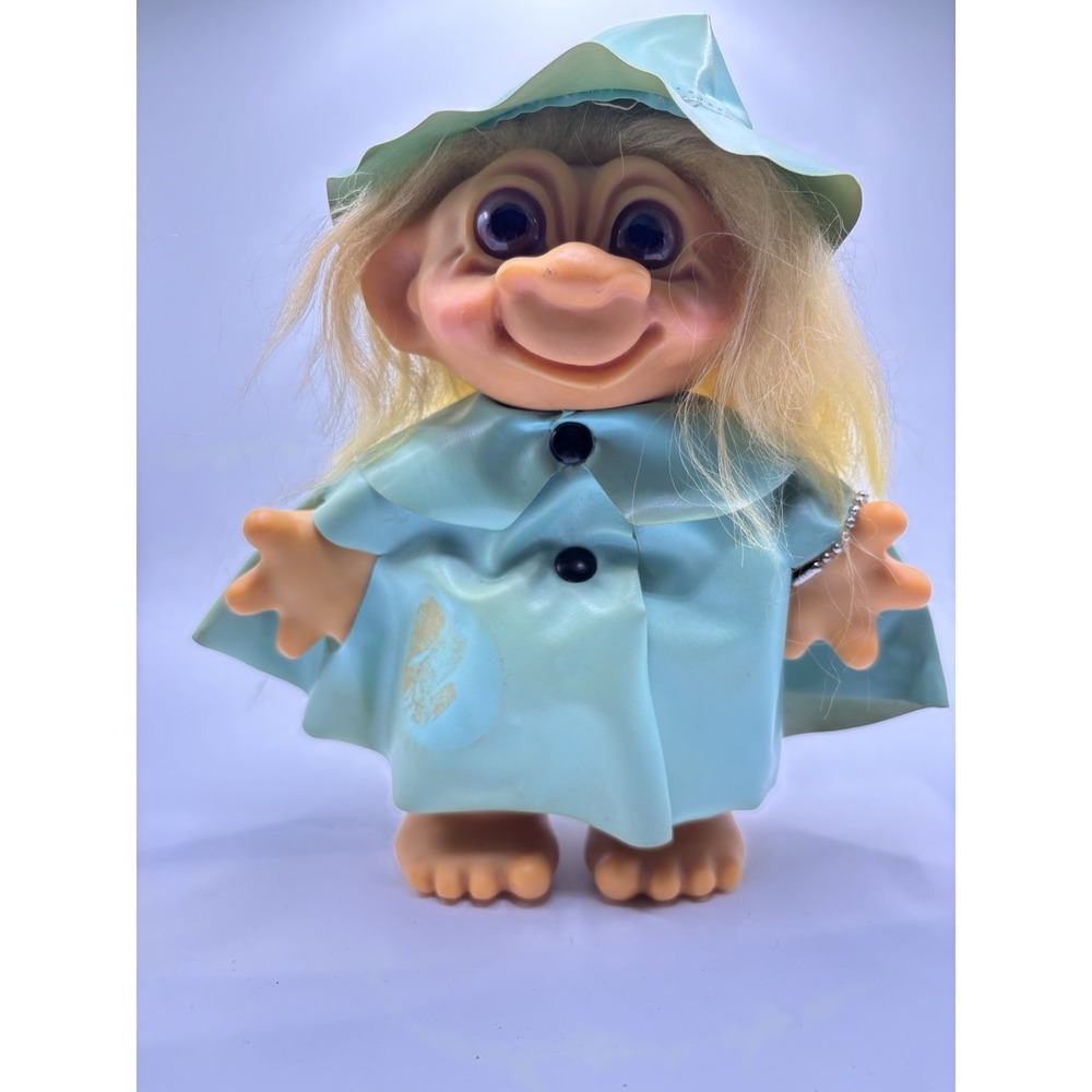 7" Vintage 1960's THOMAS DAM TROLL BANK DOLL Yellow Hair Purple Eyes Poncho